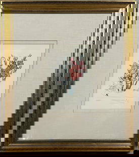 Dali, Engraving "Gladiolas" 240/350: Salvador Dali (Spain 1904 - 1989) identified on sticker verso as "Flower Suite". Frame size: 24 1/4" high, 21 1/4" wide. Sight: 10 3/4" high, 8" wide. Not examined out frame.