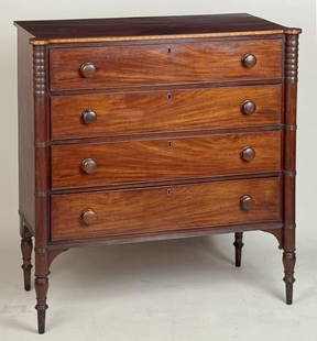 Boston Sheraton Inlaid Mahogany Four Drawer Chest: with figured top and figured mahogany veneer drawer fronts, extruded cookie corners with bamboo turned columns ending in turned stump feet, lunette inlays around the top edge, scrolled leg brackets. S