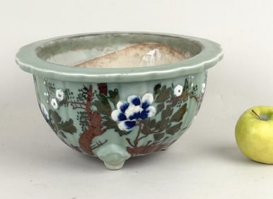 Chinese Floral Celadon Footed Jardiniere