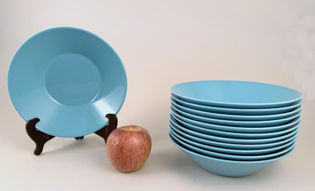 Twelve iittala Teema Bowls: Finnish manufacture, blue glaze. 2 1/4" high, 8 1/2" diameter.