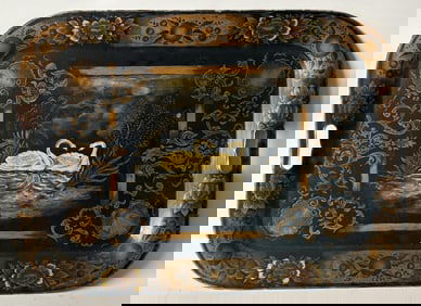 Signed Toleware Stenciled Decorated Tray, Swans