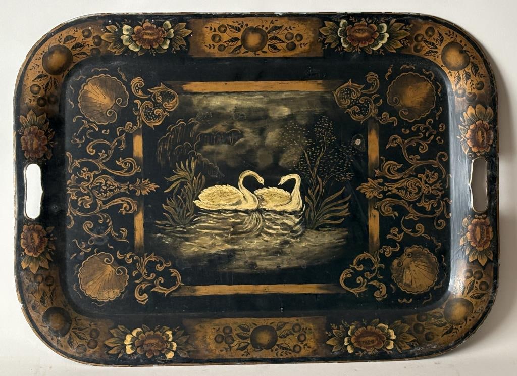 Signed Toleware Stenciled Decorated Tray, Swans (1 of 6)
