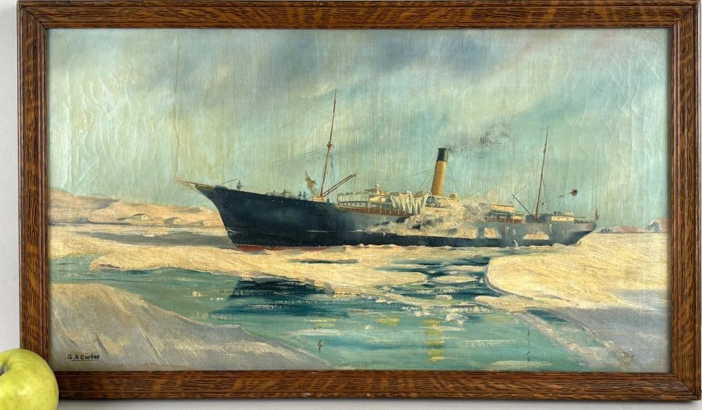 Carter, O/C Ocean Freighter Ship: pleasant depiction of a freighter nearing shore in the surf. Signed lower left "G.A. Carter". Frame: 14 3/4" high, 24 3/4" wide. Soiling, some light scuffing.