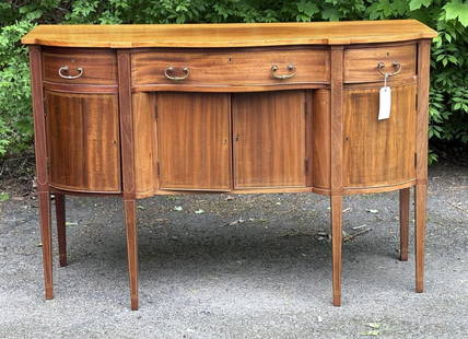 Custom Hepplewhite Inlaid Mahogany Sideboard: with three drawers and four cabinet doors, inlaid square tapering legs. 41 1/2" high, 63" long, 25" deep. Some fading, finish degrading and shrinkage cracking, back right leg joint loose.