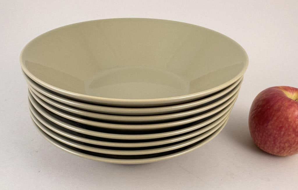 Eight iittala Teema Bowls: Finnish manufacture, sage green glaze. 2" high, 8 1/2" diameter.