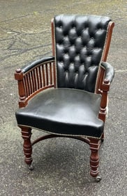 Tufted Leather Carved Rosewood Library Chair