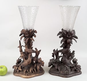 Pr Signed Carved Black Forest Glass Floral Holders