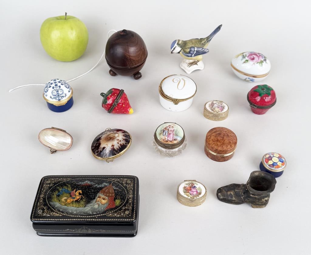 Group Enamel & Other Trinket Boxes: the largest a Russian lacquer box, fifteen items. Largest: 1 3/4"4 1/2" wide, 2 1/2" deep. Property from the Estate of Bobbie Hainline Howrey.