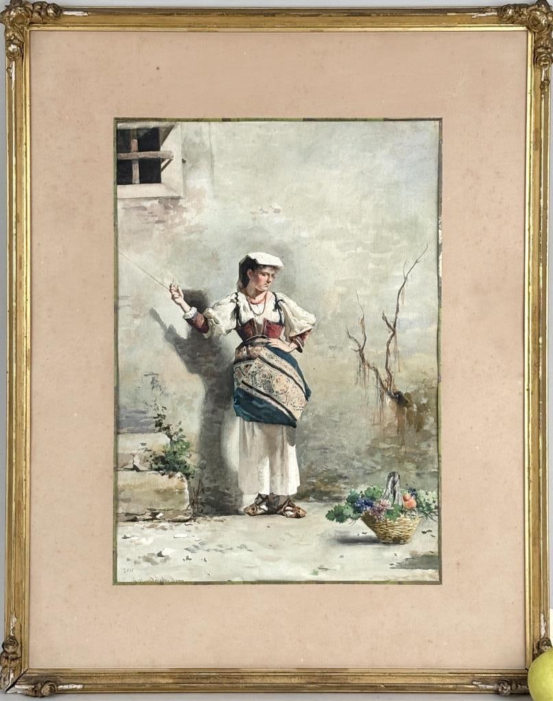 Guardabassi, W/C Italian Villager: Guerrino Guardabassi (Ital. 1841 - 1893) watercolor on paper of woman with textile bag and flowers. Signed lower left "G. Guardabassi Roma". Sight: 19 1/2" high, 14" wide. A few ripples in paper. Glas