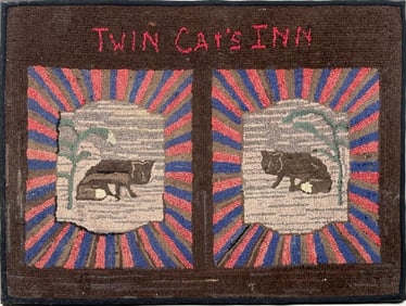 Antique Hooked Rug 'Twin Cats Inn"