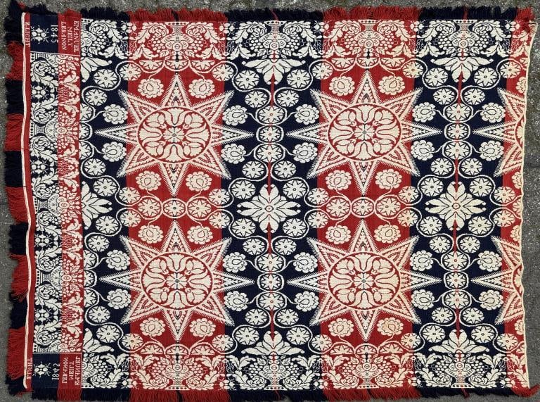 Antique Woven Coverlet Red/White/Blue Meilly 1845 (1 of 4)
