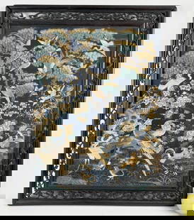 Intricate Chinese Rosewood Framed Embroidery: the embroidered panel profusely worked with numerous different birds in a lush forested setting on a dark ground, in a fine molded hardwood frame with pierce carved inner border. Frame: 27" high, 22 1