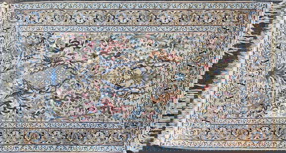 Fine Persian Isfahan Rug: silk and wool rug, intricately woven overall designs with trees and birds. 3' 6" by 5' 10". All rugs sold as is.