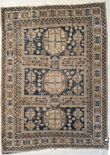 Caucasian Shirvan Carpet: in blue, gray and brown. 4' 1" by 3' 11". Wear, losses, all rugs sold as is.
