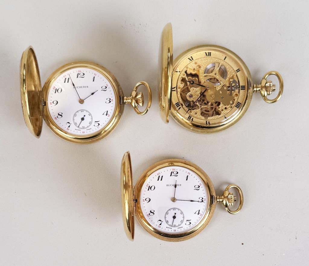 Three Bucherer Hunter Case Style Pocket Watches: gold tone, one skeleton type. Largest: 2 3/4" high, 2 1/8" diameter. Scratches, use wear, not tested for working.