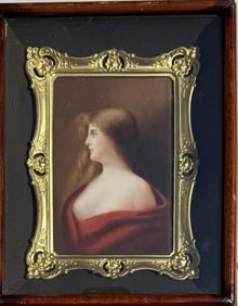 Limoges Porcelain Plaque, Lady In Red
