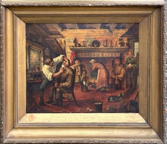 Oil Painting, European School "At The Barbershop"