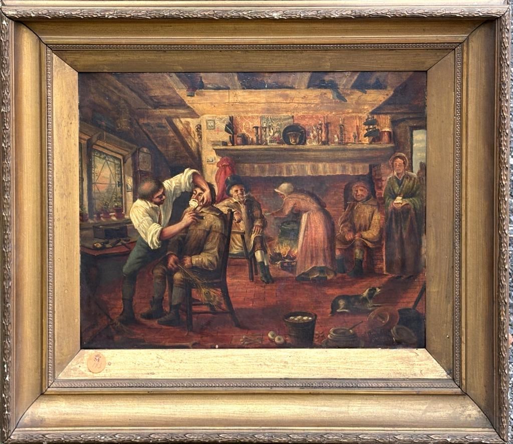 Oil Painting, European School "At The Barbershop": oil on canvas backed tin, possibly signed indistinctly lower right. Genre interior scene with gent being shaved. Has old Sotheby's PB-84 sticker on frame. Frame size: 20" high, 24" wide; Sight size: 1