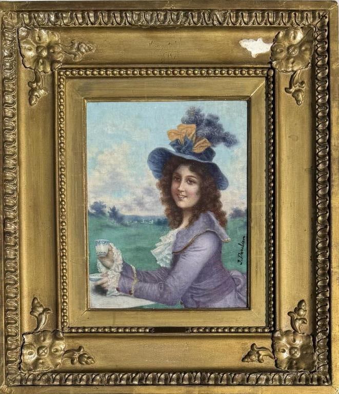 J. Dambier, O/ C Woman in Blue Flowered Hat: bust length portrait, signed "J Dambier" lower right. Frame size: 18 3/4" high, 16 1/4" wide. Not examined out of frame. Are of gilt loss to frame as shown.