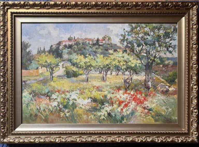 Choi, O/C Hilltop Provincial Villa (Untitled): Cora Choi (South Korea, France b. 1959), oil on canvas signed lower right "Cora". Frame: 32" high, 44 1/2" wide. Born on a remote island in South Korea, Cora has lived in Provence, France since 1994. 