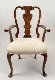 Fine English Queen Anne Figured Walnut Arm Chair