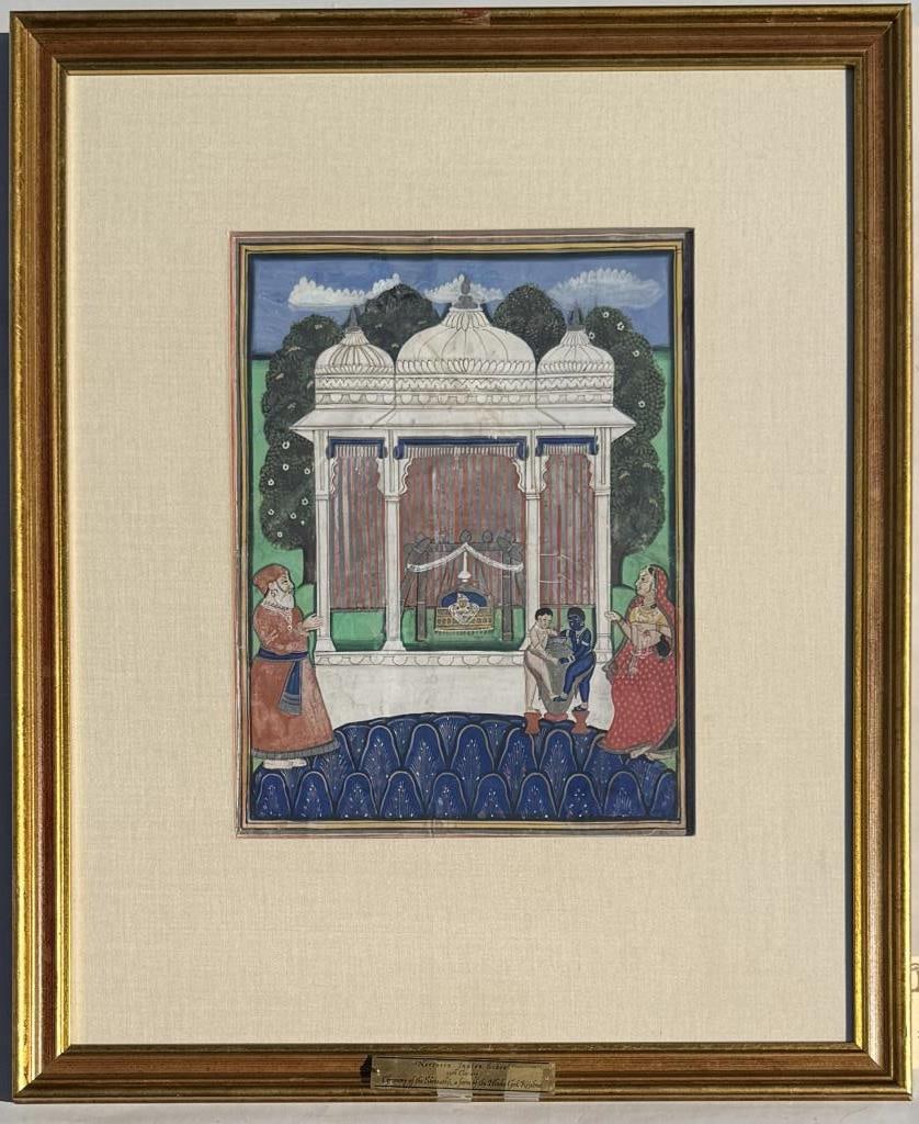 Northern Indian School W/C, Worship of Shrinathji: 19th century ,Ceremony of Shrinathji, a form of the Hindu god Krishna. Pigments heightened with silver. Frame size: 22 1/2" high, 9 1/2" wide. Not examined out of frame. Bank of New York inventory lab