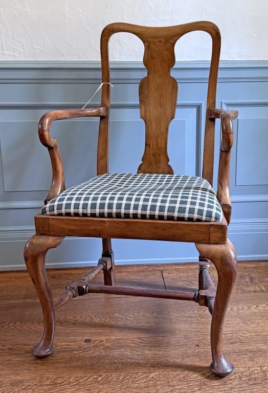English Queen Anne Walnut Crook Arm Chair: with slip seat, 18th century. 39" high 22" wide, 19" deep. Some repairs, bracing to side rails, old worm damage.