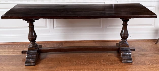 Jacobean Carved Oak Trestle Table, Turned Columns