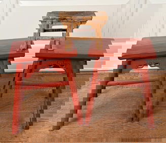 Pair Chinese Red Painted Wooden Stools