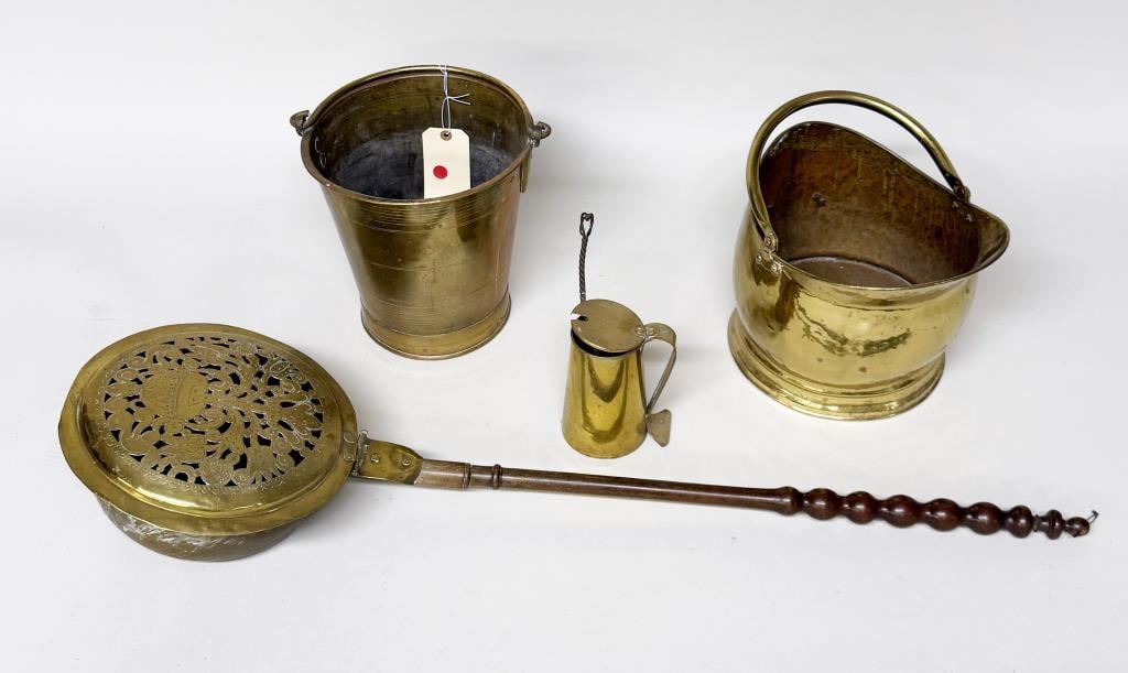 Group Four Brass Fireplace Accessories: comprising a coal scuttle, bucket, fire starter and bed warmer. Largest: 42" high, 12 1/2" wide, 6 1/2" deep. Oxidation, denting, soiling.