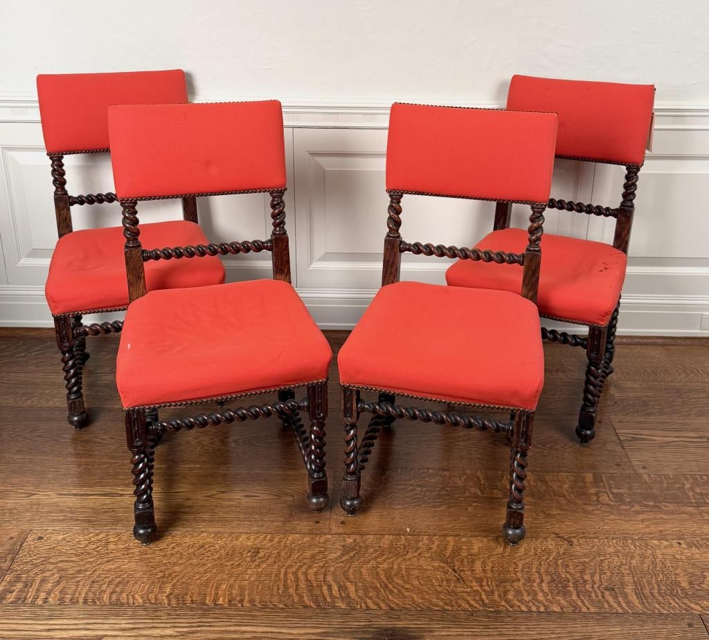 Set Four Cromwellian Style Carved Side Chairs: 38 1/2" high, 18 1/2" wide, 18" deep. Age and use wear, upholstery wear.
