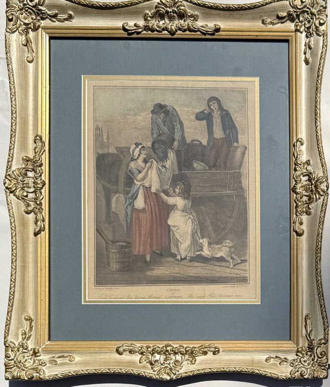 After F. Wheatley, Engraving, Cries of London: Francis Wheatley (Br. 1747-1801), painter, G. Vendramini, engraver. Titled in bottom margin. Frame size: 24 1/2" high, 20 1/2" wide. Not examined out of frame.