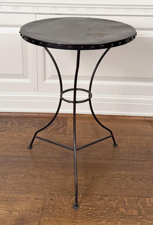 Wrought Iron & Sheet Metal Bistro Table: 31 1/4" high, 22 3/4" diameter. Oxidation, denting, needs cleaning.