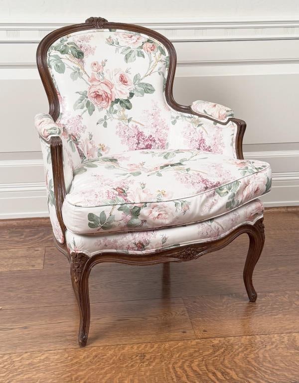 Louis XV Upholstered Bergere Chair: 35" high, 27" wide, 27" deep. Age and use wear, small nicks and scratches; light upholstery wear.