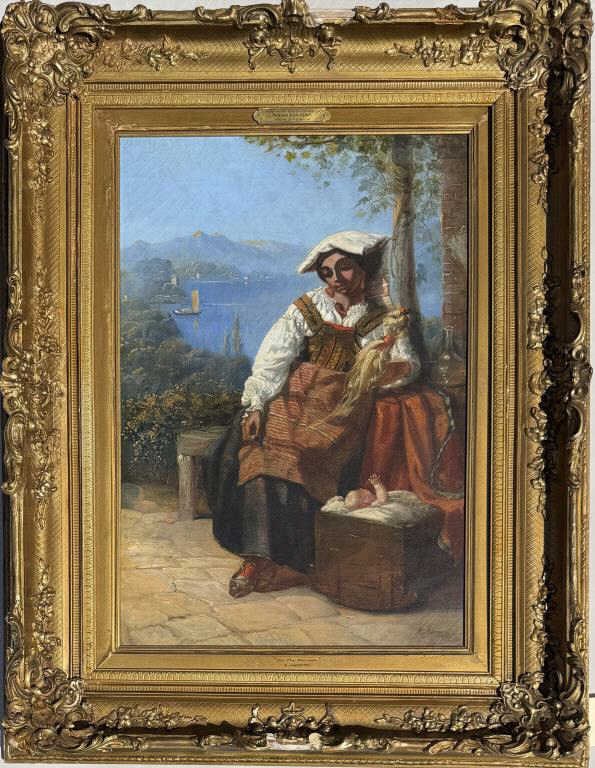 E. Ascenzi. O/C Mother & Baby On Terrace: Professore Ettore Ascanzi (It.19th century). Signed lower right, conservation/restoration info verso. Varioius areas of damage to frame.