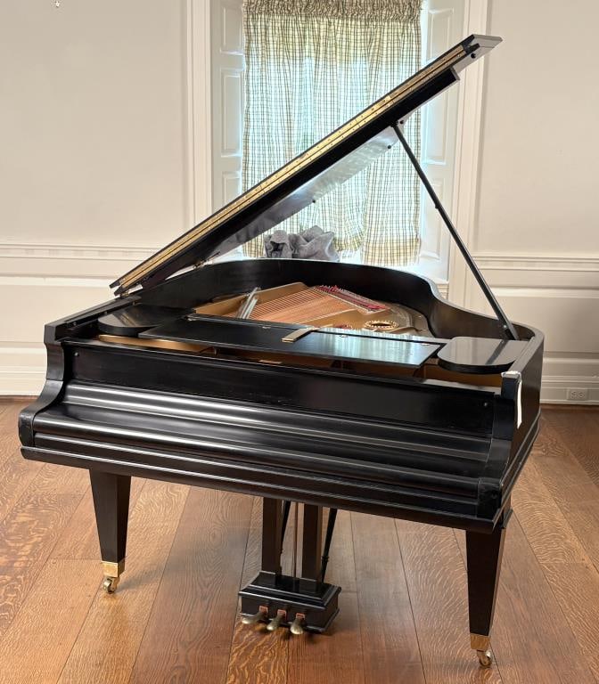Mason & Hamlin Satin Ebony Model A Grand Piano: Serial #34493, dating 1926, ebonized finish. 31" high, 58" long. The piano is in working, playable condition, likely needing tuning or adjustments. The piano is being sold as is. Please review all pho