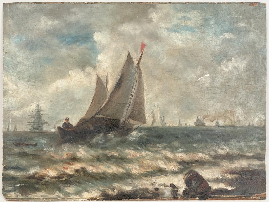 O/B Nautical Scene, Unframed: unsigned, small sailing vessel on a blustery day. 13 1/2" high, 17 3/4" wide. Losses, wear.