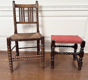 Jacobean Style Oak Side Chair & Similar Stool