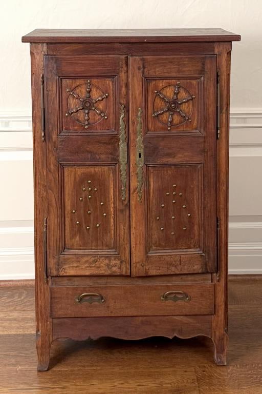 French Provincial Small Carved Two Door Armoire: 52" high, 32" wide, 17 1/2" deep. Age and use wear; no lock mechanism.