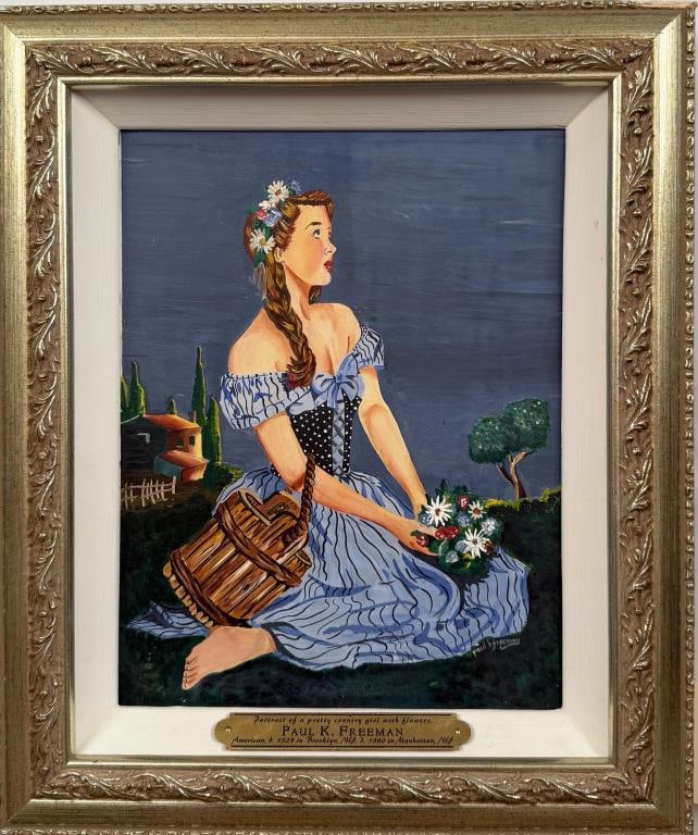 P. K. Freeman, O/B Country Girl with Flowers: Paul K. Freeman (Am.1929-1980), signed lower right. Frame size: 16 1/4" high, 14" wide.