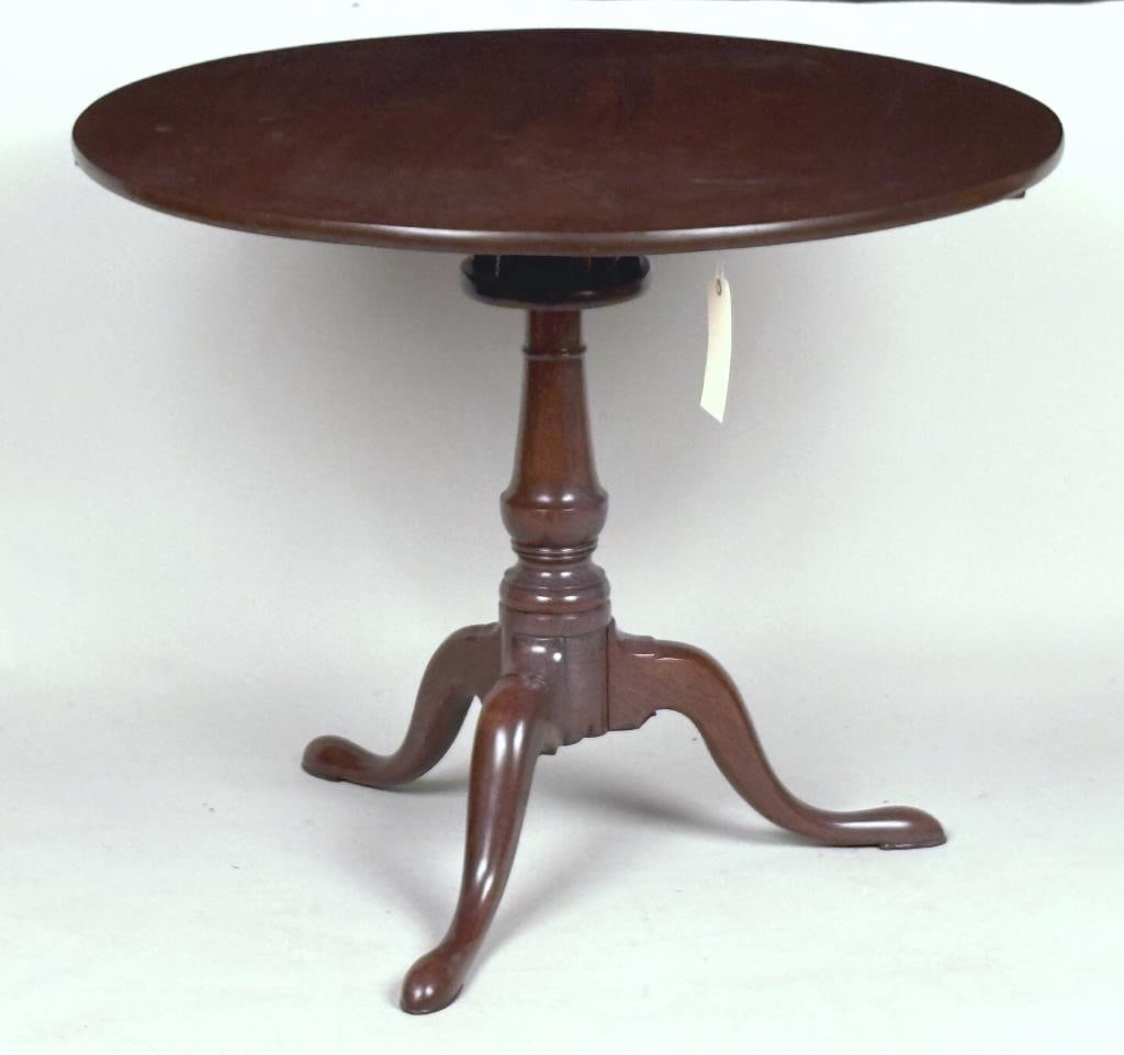 George II Mahogany Bird Cage Round Tea Table: with unique bird cage swivel with square upper and round lower base; urn form shaft with collared cabriole legs ending in pad feet. 28 1/2" high, 36" diameter. Age and use wear. Property from the Esta