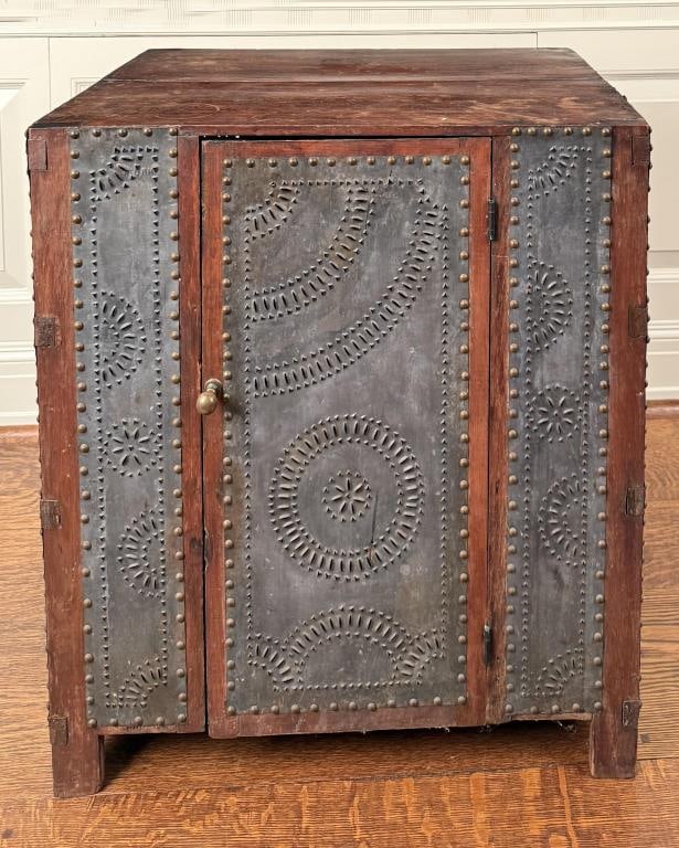 Primitive Punchwork Tin & Hardwood Pie Safe: 31 1/2" high, 30 1/2" wide, 20" deep. Age and use wear.