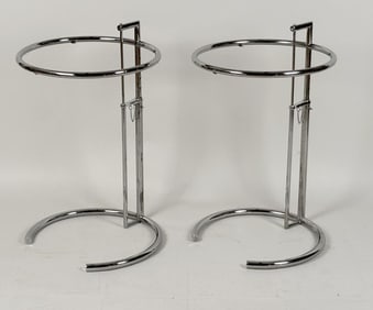 Pair MCM Chrome/Glass Adjustable Round End Tables