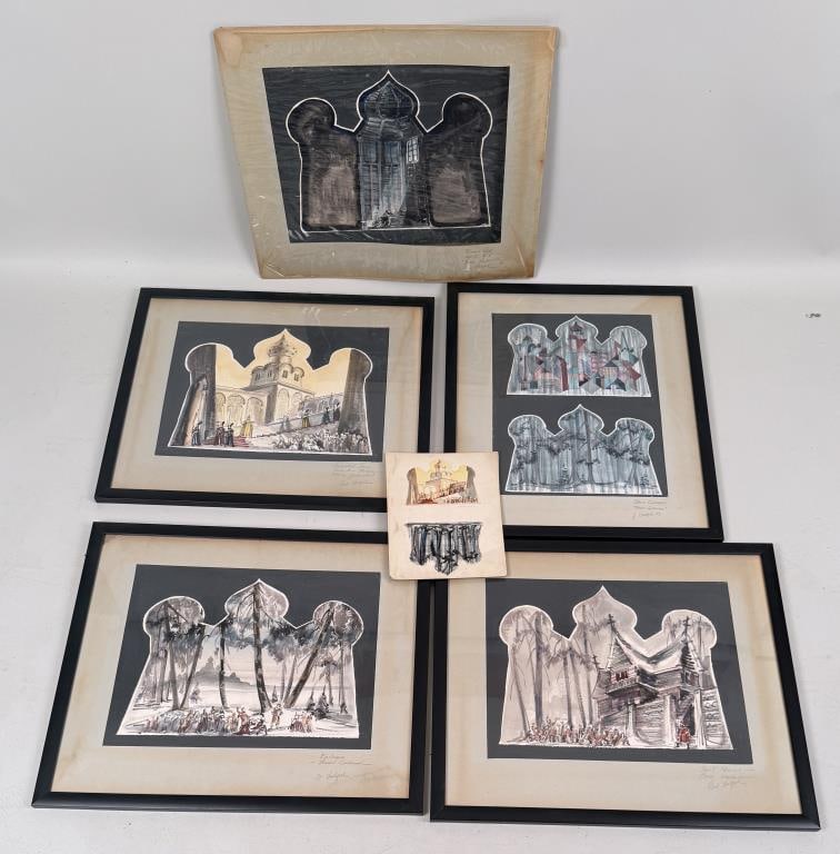 Voelpel, Group of Gouache Scene Designs: (American, CT 1927-2022), four framed, one only matted and one loose. Well known Broadway set and costume designer. Frame size: 21 3/4" high, 25 1/2" wide. Sight size: 17 3/4" high, 13 1/2" wide. Toni