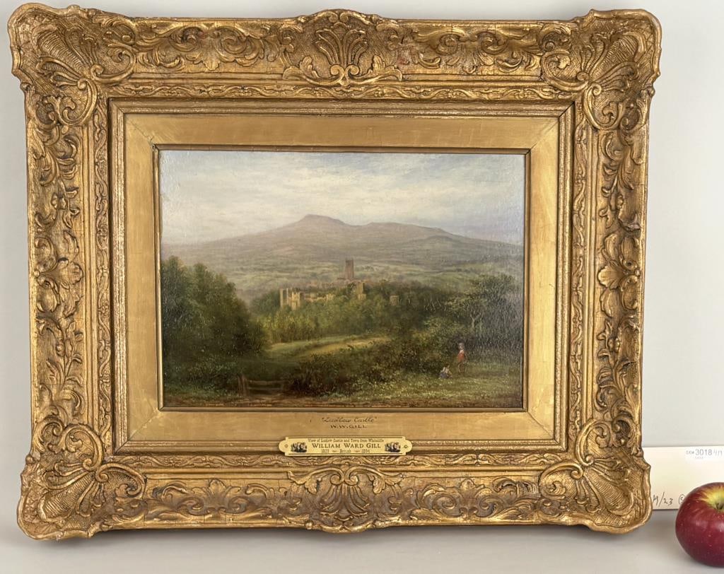 W. W. Gill, O/C/P Ludlow Castle: William Ward Gill (Br., 1823-1894), unsigned. Frame size: 19" high, 23" wide. Sight size: 9 1/2" high, 13 1/2" wide. Contemporaneous informative sticker verso regarding re-varnish and in-painting. App
