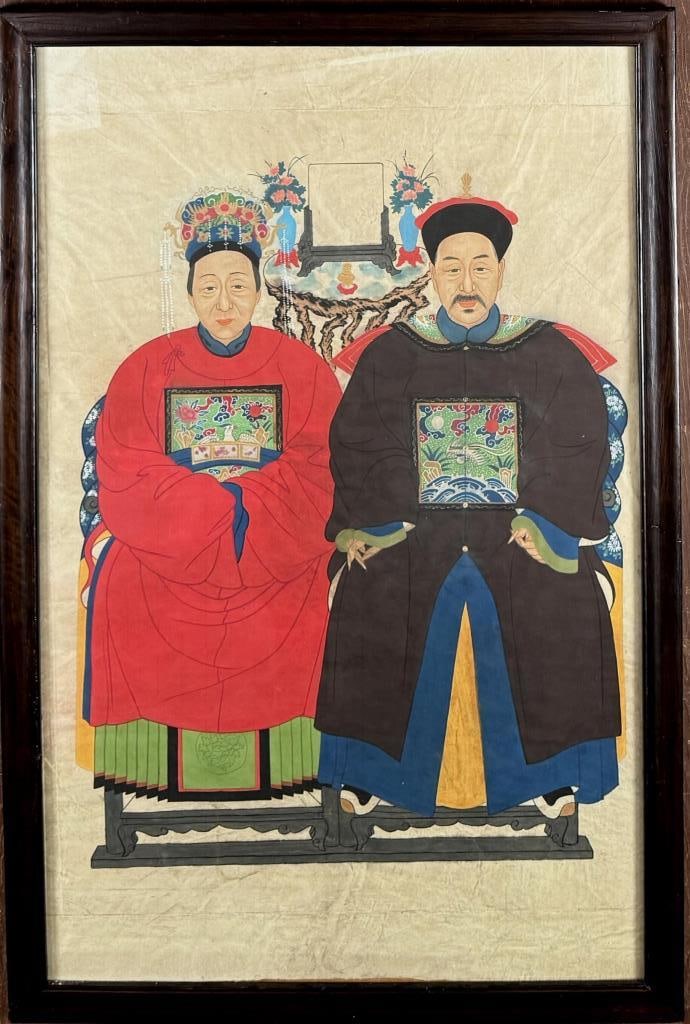Large Chinese Ancestral Painting: double portrait of seated couple in Imperial robes, pigments on paper. Frame size: 65" high, 43" wide. Not examined out of frame.