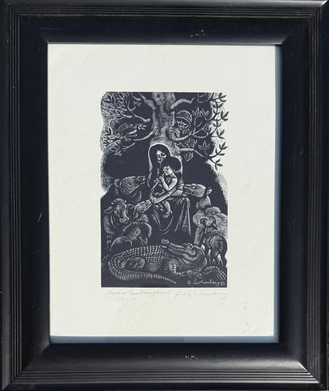 Eichenberg, Signed "Peace Endangered" Engraving: Fritz Eichenberg (Germany, 1901-1990), "Peace Endangered" 156/250; circa 1983. Created to benefit the American Friends Service Committee (AFSC) of Rhode Island Center for Disarmament & Peace. Frame si