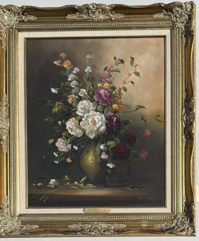 V. De Koszeghy, O/C Floral Still Life: Violetta De Koszeghy (Hun., b. 1928), signed Koszeghy lower right. Frame size, 31 1/4" high, 19 1/2" wide.