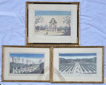 Three Framed Antique Vue D'Optique Engravings