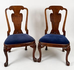 Pair English Queen Anne Carved Walnut Side Chairs